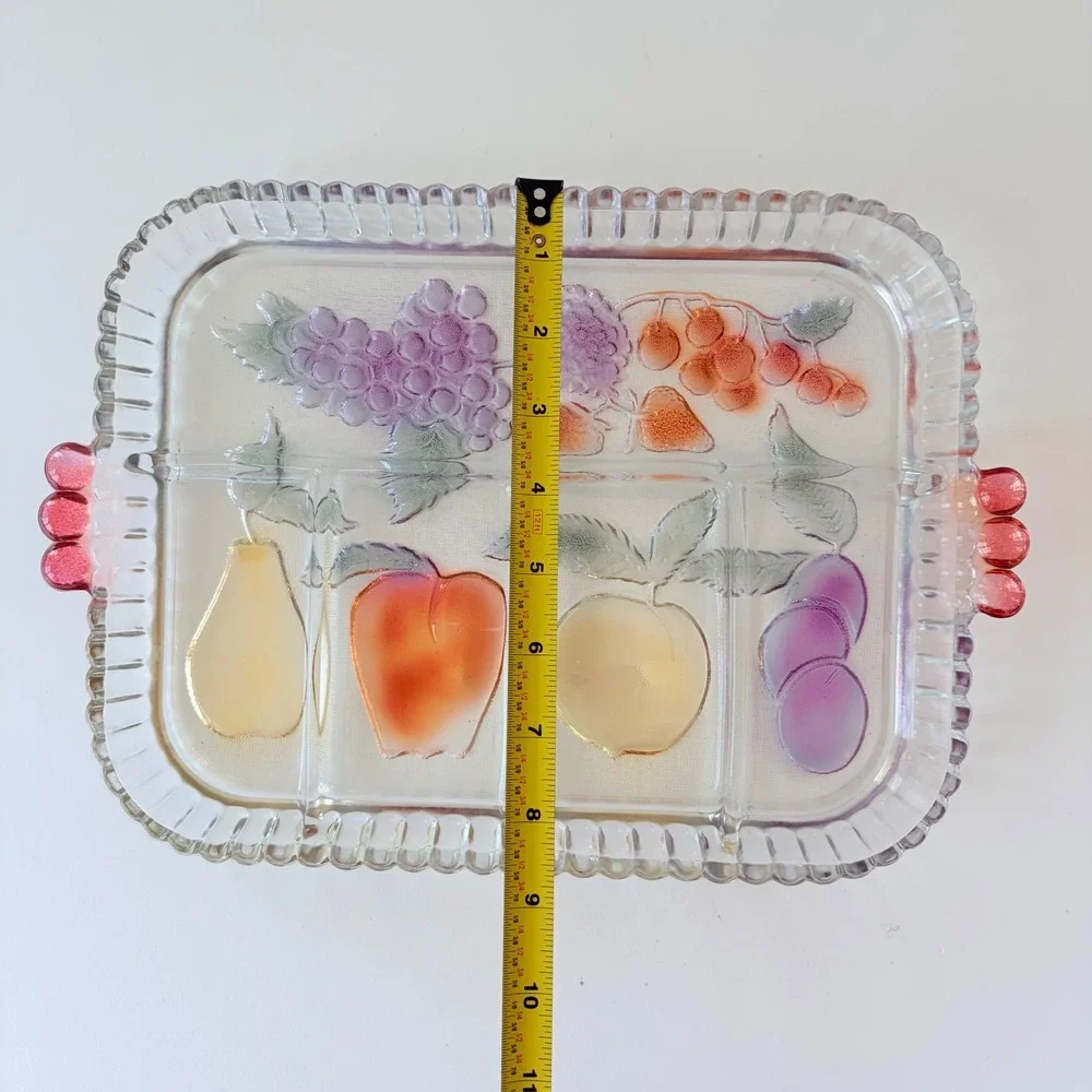 Vintage Iridescent Glass Fruit Divided Serving Tray Scalloped Edge Pink Handles